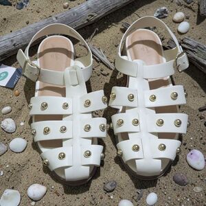 Women’s White Studded Fisherman Sandals, Size 9.5, Summer Beach Shoes